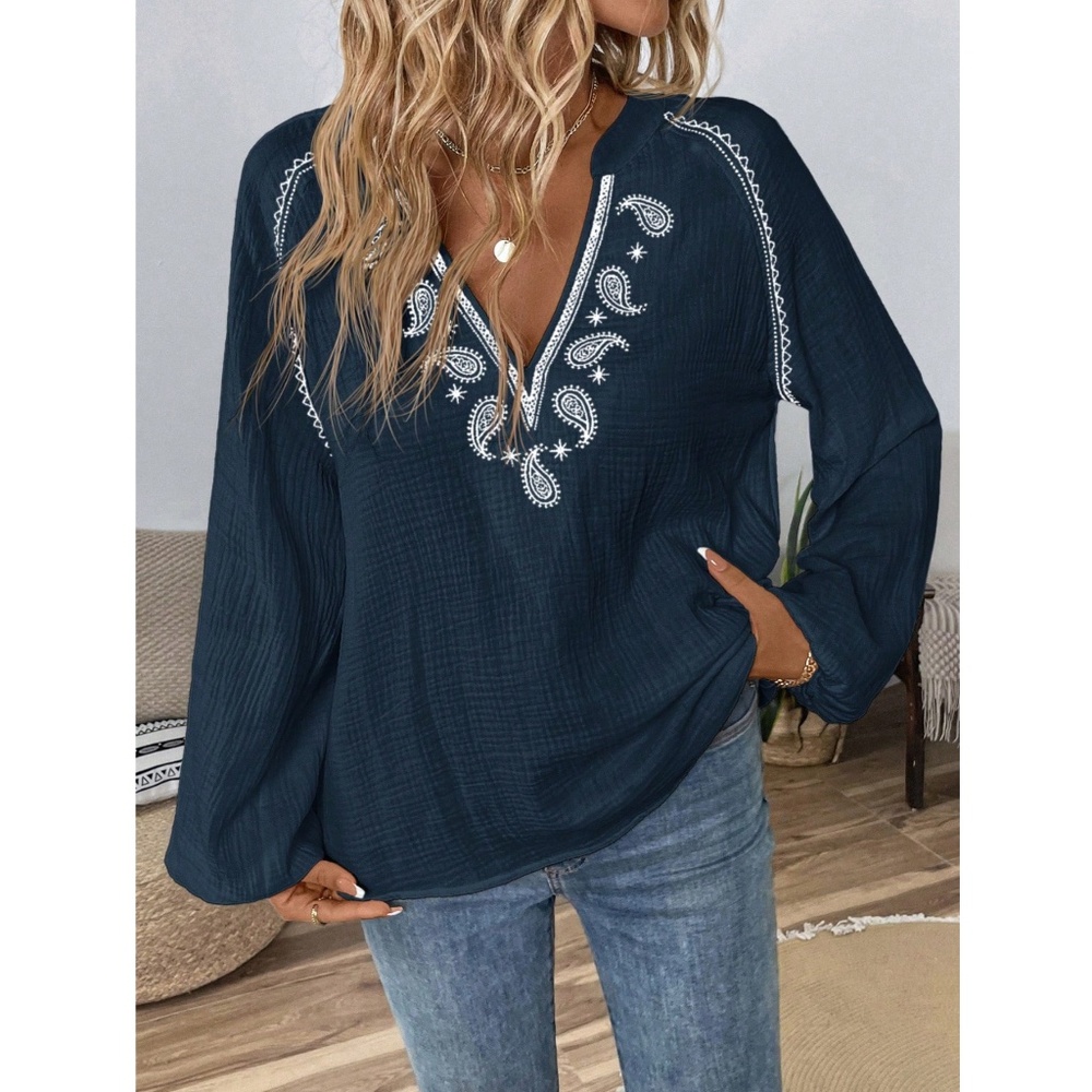 100% Cotton Navy Long Sleeve Shirt V-Neck Blue Paisley Embroidery - Picture 6 of 9